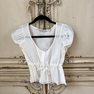 French White romantic Puff Sleeve Tie-Waist Peasant Top
